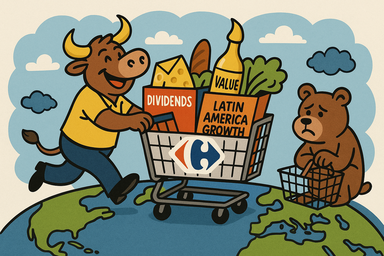 Cartoon of a giant Carrefour shopping cart rolling across the globe, spilling groceries labeled “Dividends,” “Value,” and “Latin America Growth.” A bull shopper pushes happily, while a bear sulks in the corner with an empty basket.