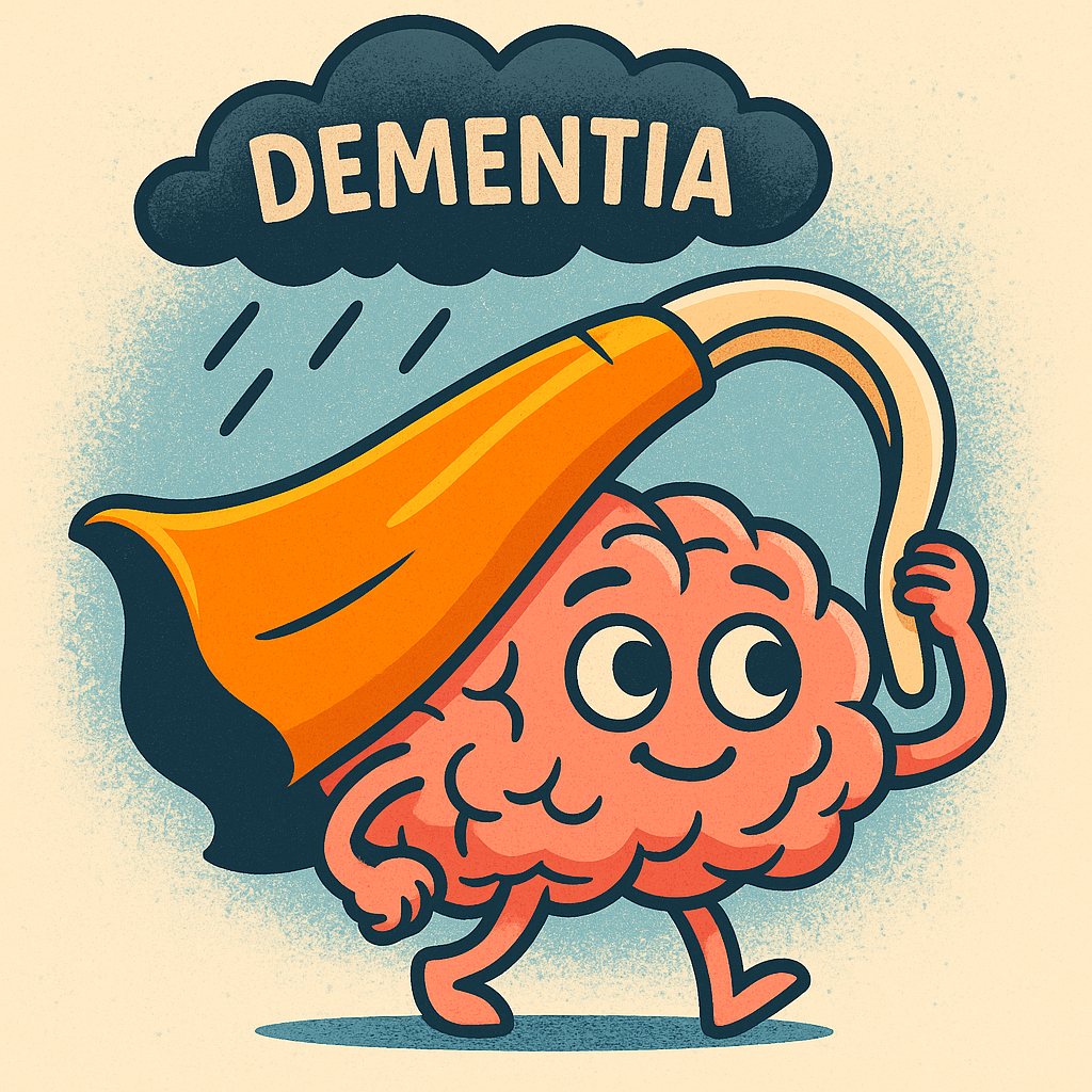 Cartoon-style brain wearing a giant hearing aid as a cape, symbolizing hearing aids protecting against dementia risk.