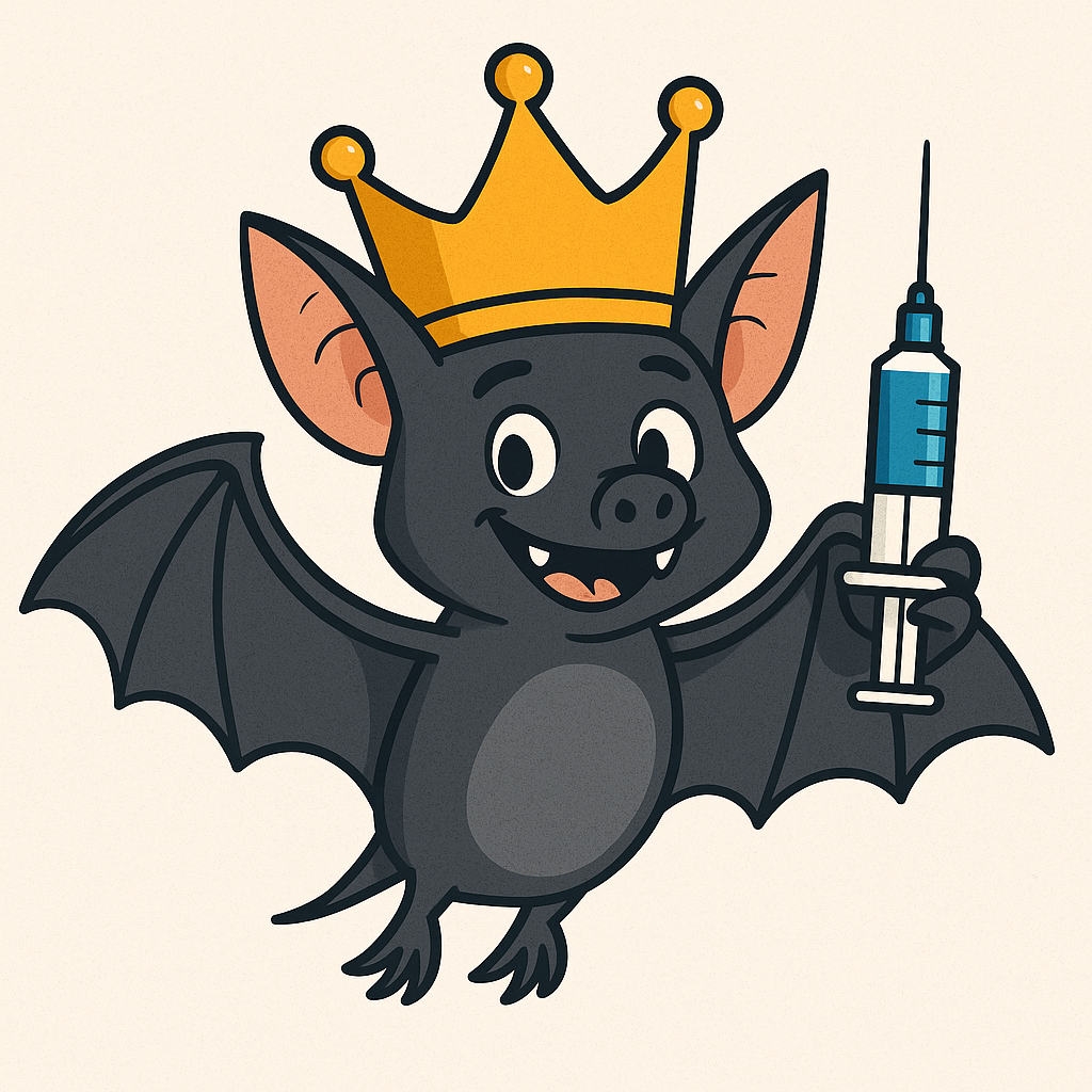 Playful illustration of a bat in a crown holding a vaccine syringe, symbolizing satire on Covid, cancer, and cardiologist claims.