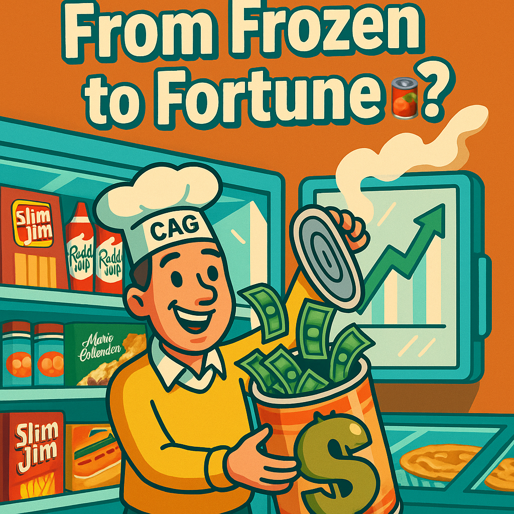 A vibrant digital cartoon illustration showing a happy investor-chef in a grocery freezer aisle full of Conagra products. Heās opening a giant can shaped like a piggy bank, and dollar bills are flying out while a rising stock chart steams up behind him.š„«š