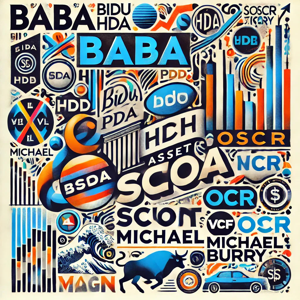 A visually engaging collage featuring stock tickers BABA, BIDU, JD, PDD, HCA, MOH, EL, VF, OSCR, and MAGN, alongside the words