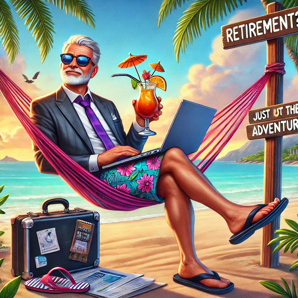 A lighthearted illustration of an older professional lounging in a hammock on a tropical beach.