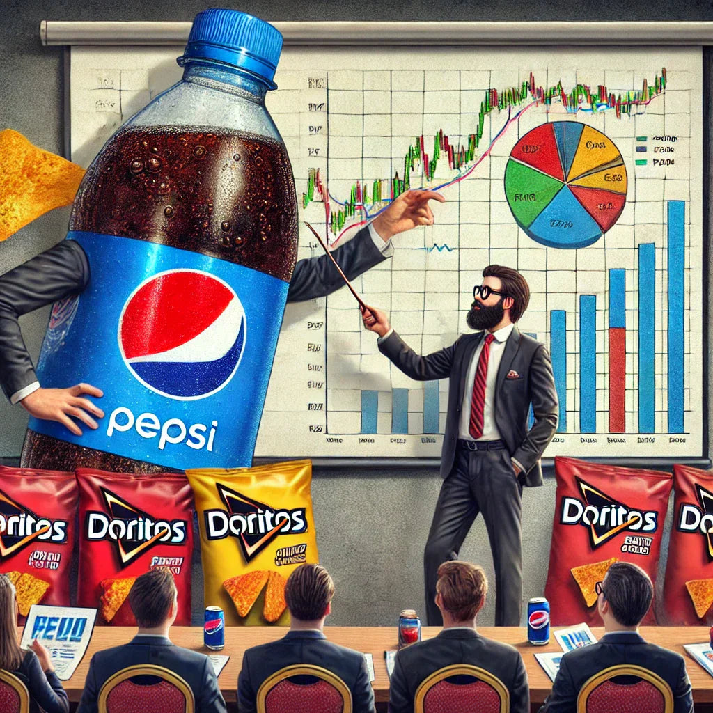 A humorous digital illustration of a business executive in a suit holding a giant Dorito like a financial trophy