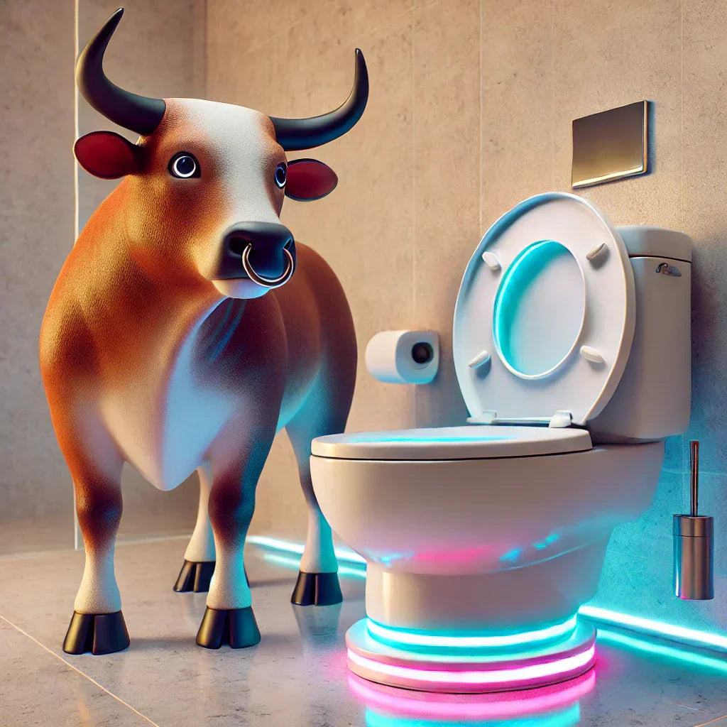 A humorous digital illustration of a bull standing in a sleek, modern Japanese bathroom. The bull appears contemplative, as if analyzing stock market trends while embracing the comforts of high-tech toilet luxury.