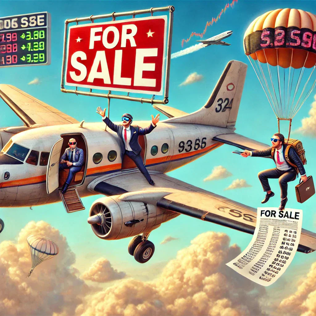 A surreal and humorous illustration of an airplane mid-flight. When an aircraft manufacturer pivots from selling planes to selling thrills, turbulence is guaranteed.
