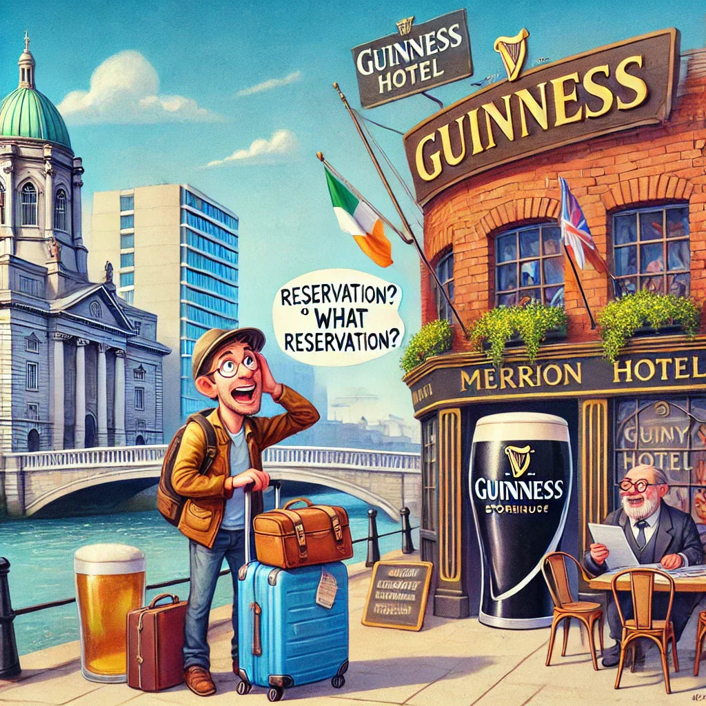 A fun, whimsical illustration of a traveler arriving in front of The Merrion Hotel in Dublin, Ireland, while a cheerful pint of Guinness waves from the Storehouse rooftop. The River Liffey and Trinity College provide a playful, exaggerated backdrop.