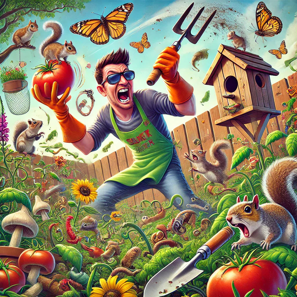 A humorous and vibrant illustration of a passionate gardener struggling to keep a mischievous squirrel from stealing a tomato in an over-the-top, chaotic garden. The scene captures the joy and madness of gardening as a passion project.