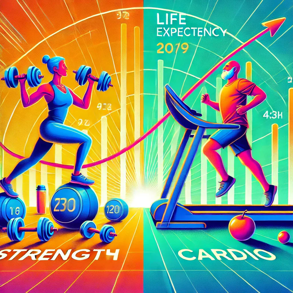 A vibrant and humorous digital illustration showing a person lifting dumbbells and another person running on a treadmill, with a life expectancy chart extending further into the future on the strength and cardio side, symbolizing increased longevity.