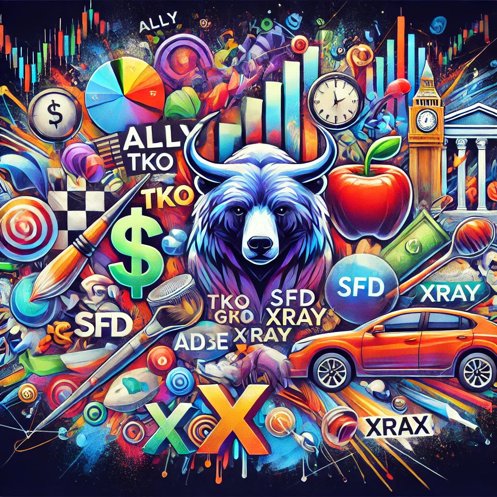A creative and colorful digital illustration featuring stock market symbols for the tickers ALLY, TKO, ADBE, GM, SFD, BATRA, XRAY, and TREX. Includes a boxing glove (TKO), digital paintbrush (ADBE), car (GM), food products (SFD), and baseball (BATRA).