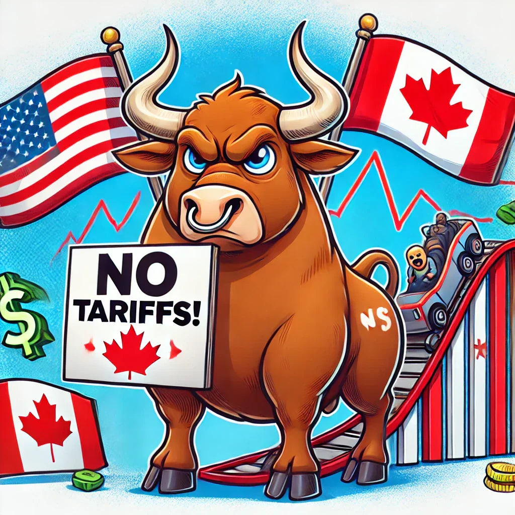 An annoyed bull holding a 'No Tariffs!' sign, reacting to increased trade wars.