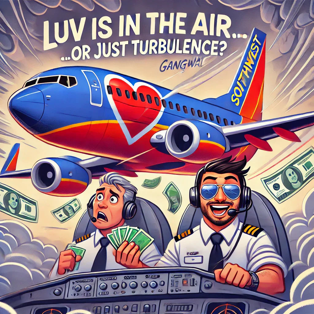 Cartoon of a Southwest Airlines plane flying through a storm, with Rakesh Gangwal confidently holding cash in the cockpit and a worried co-pilot labeled 'Market.' Banner reads 'LUV Is in the Air… or Just Turbulence?'