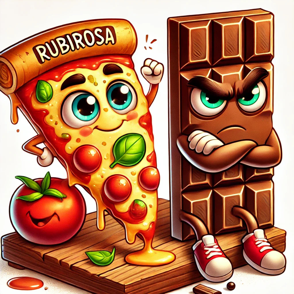 A mouthwatering slice of Rubirosa pizza next to a grumpy-looking Lindt chocolate bar—because pizza wins every time! 🍕🍫