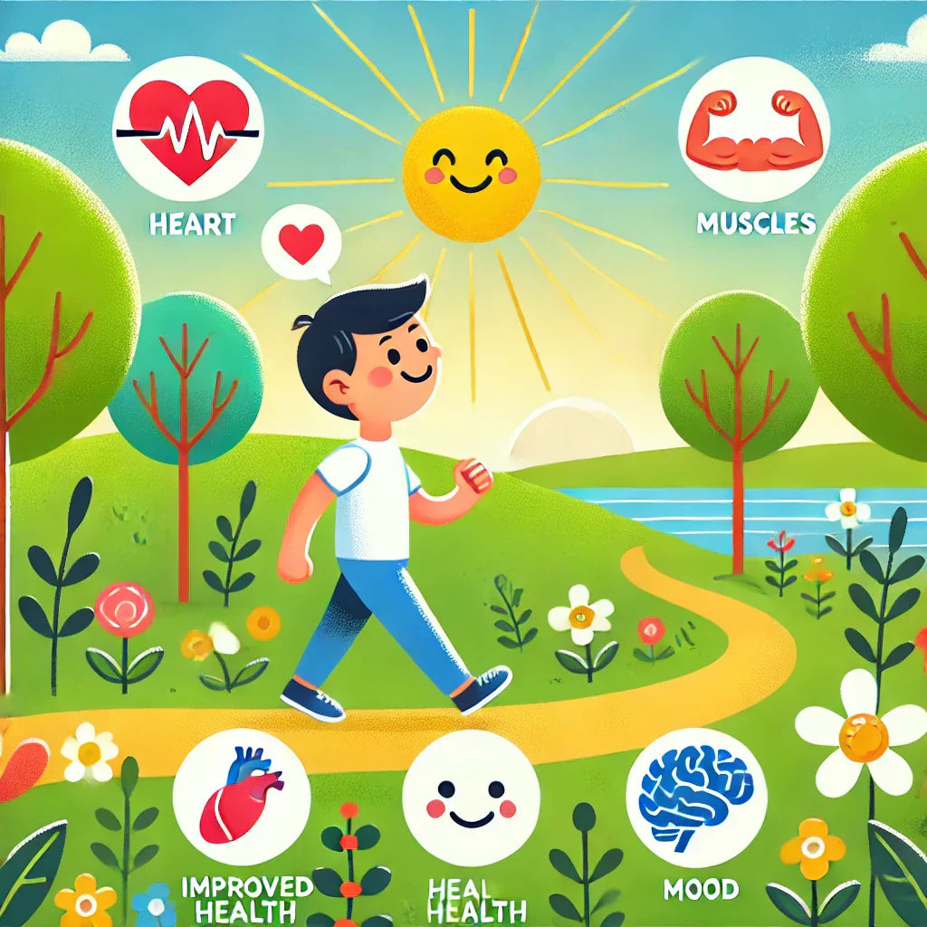 Cartoon-style image of a person walking on a scenic path with trees, flowers, and birds, smiling with health benefit icons (heart, muscles, brain, smiley face) along the path.
