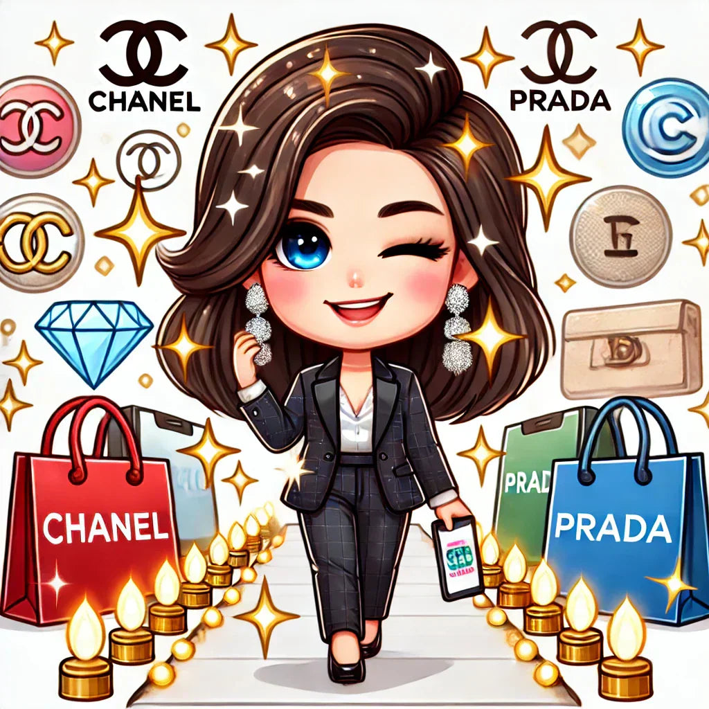 Cartoon-style image of a confident person walking down a runway, surrounded by designer brand names, shopping bags, and sparkles.