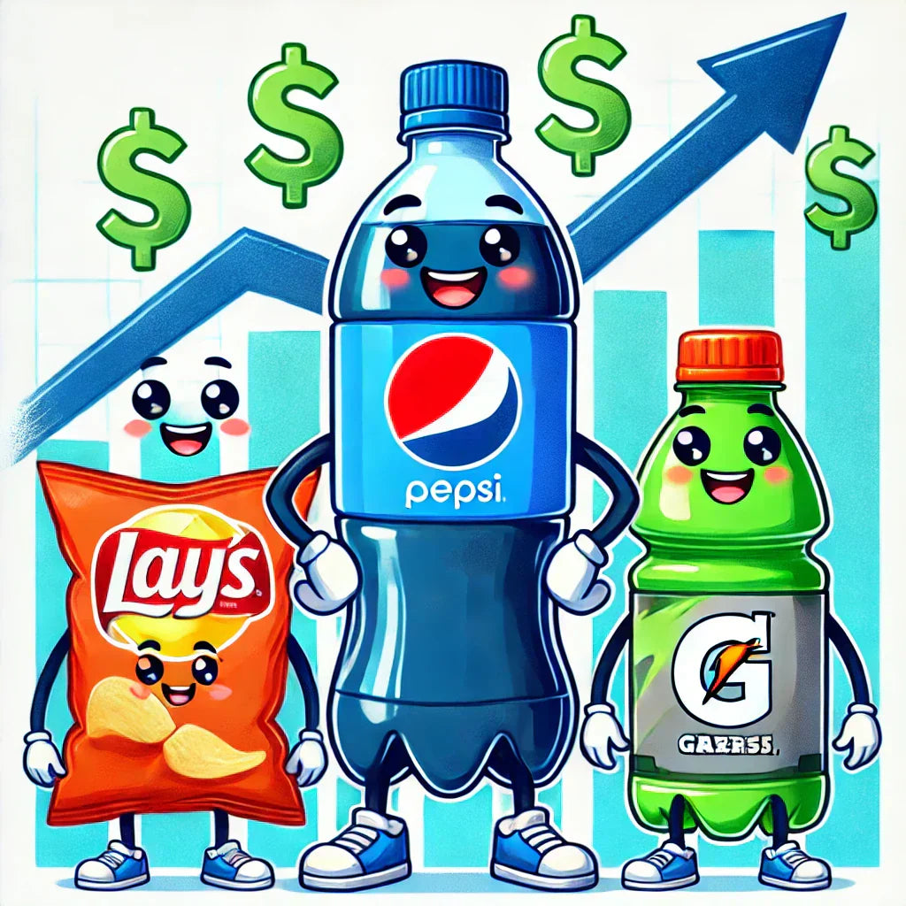 Cartoon-style image of a Pepsi bottle standing confidently next to a bag of Lay's chips and a Gatorade bottle, all with smiling faces and dollar signs in their eyes. A rising stock chart in the background suggests financial growth.