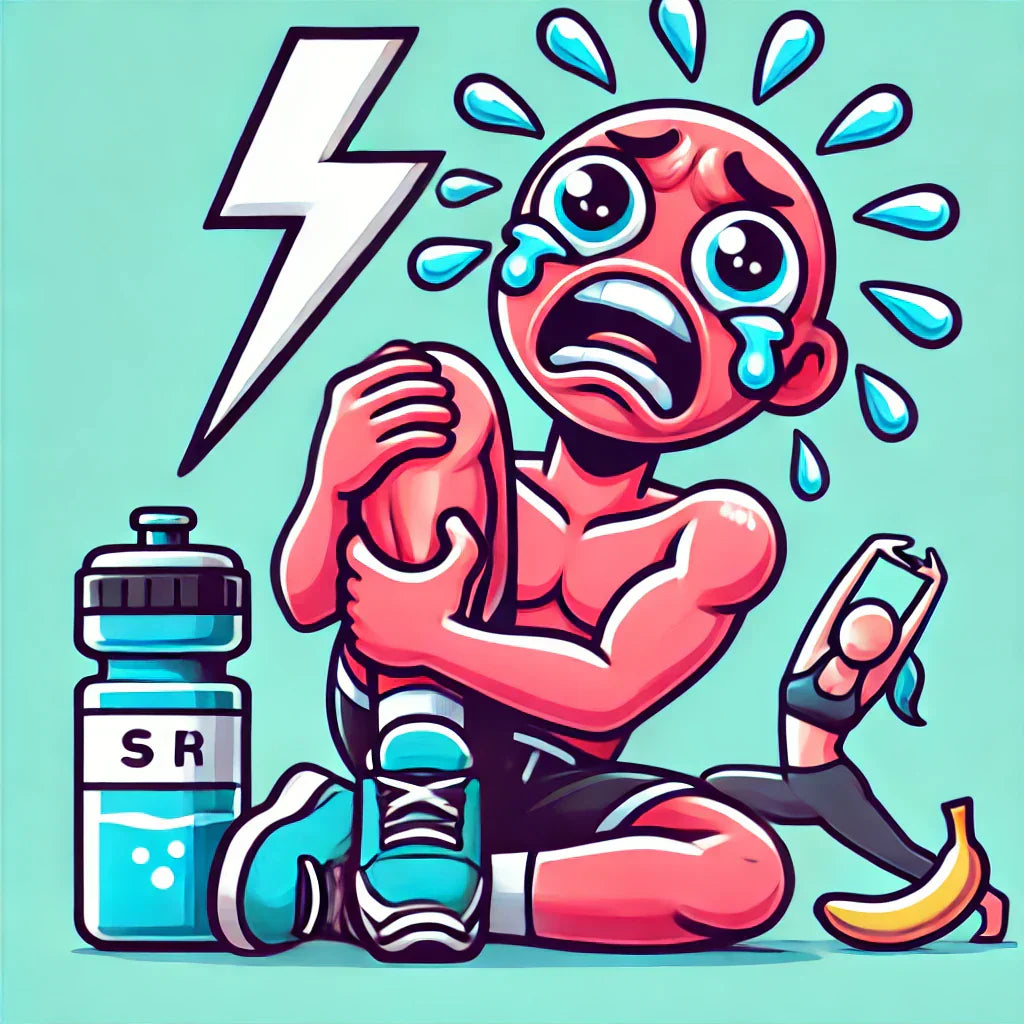 Cartoon-style image of a person clutching their calf muscle in pain, with a lightning bolt symbol over the muscle and nearby symbols of relief (water bottle, banana, stretching figure).