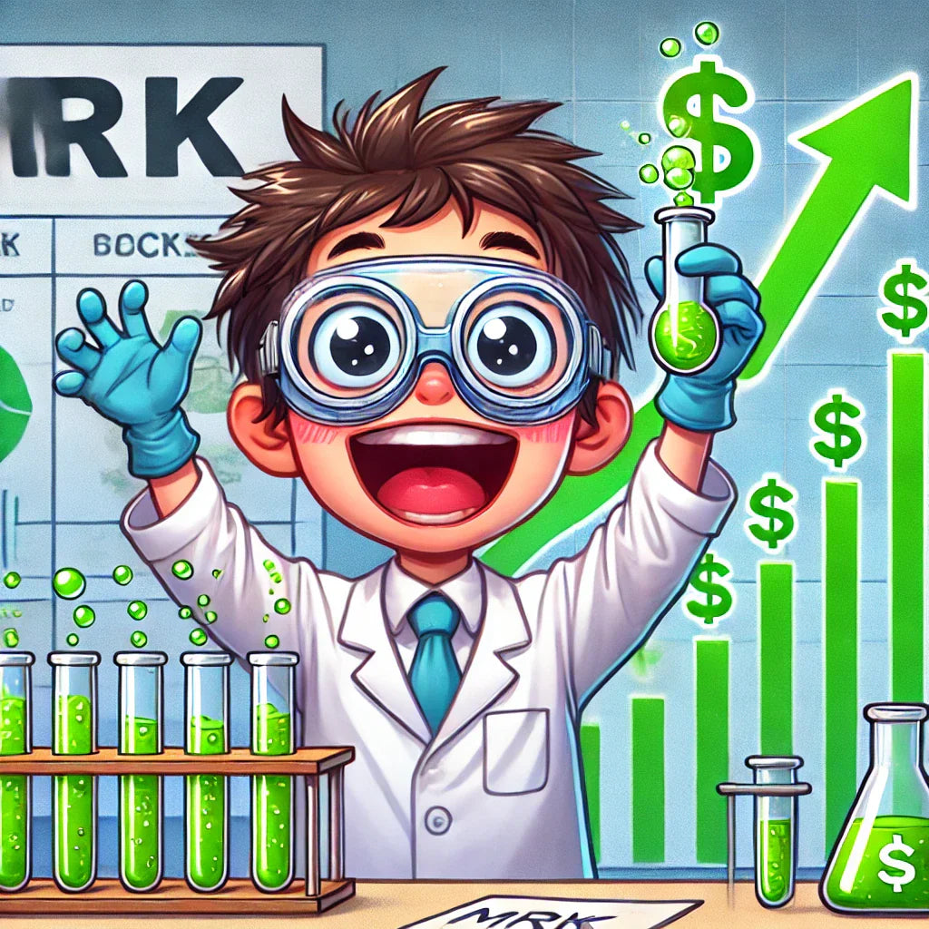 Cartoon of an overly happy lab researcher in a white coat holding a test tube with fizzing liquid, with a rising MRK stock chart and green arrows in the background.