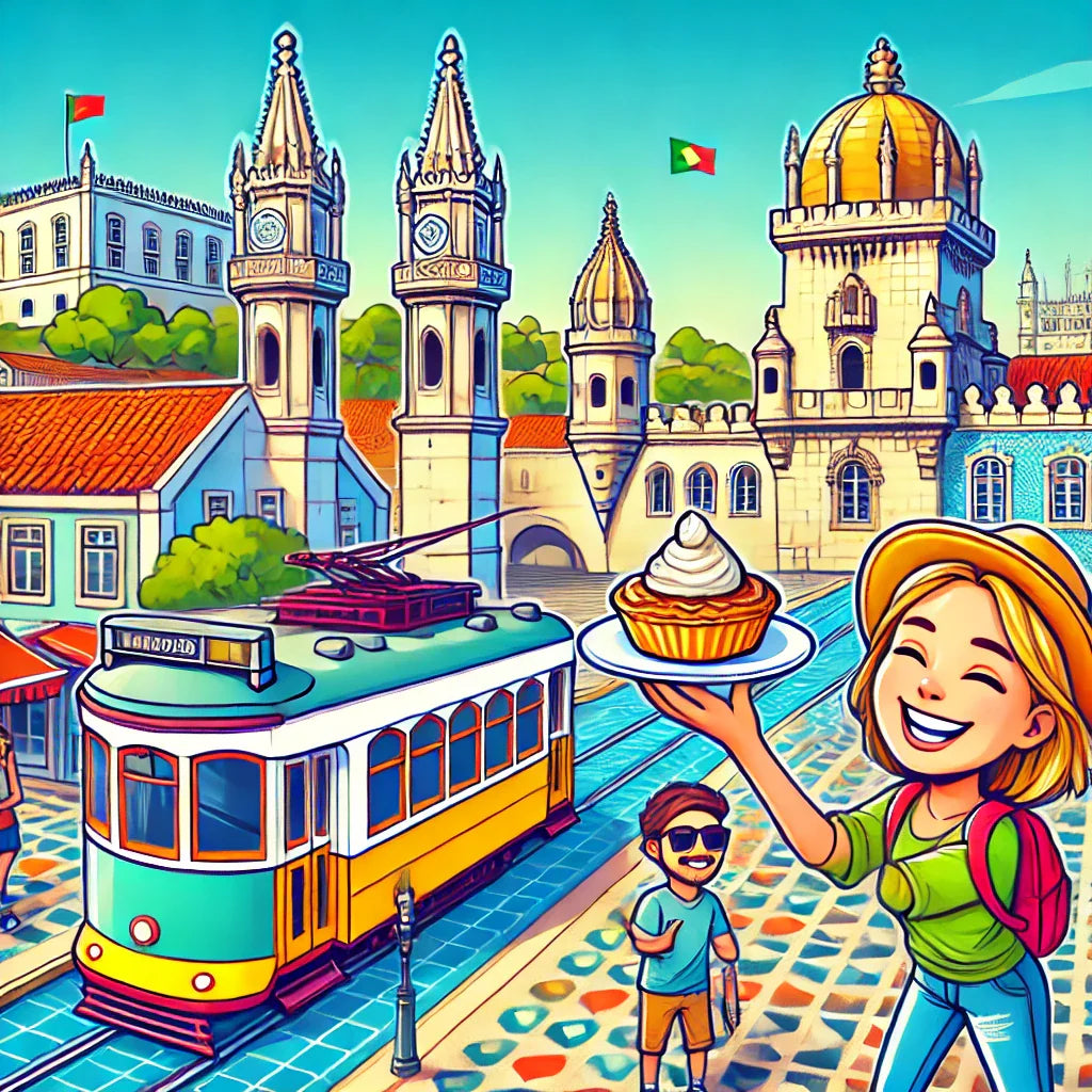 Cartoon-style image of Lisbon, showing Belém Tower, São Jorge Castle, and a tram, with a happy person holding a pastéis de nata and another person taking a photo. Colorful tiled streets and the Tagus River in the background.