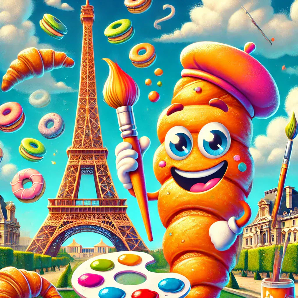 Cartoon Eiffel Tower holding croissants and a paintbrush next to the Louvre, symbolizing Paris' iconic art and food culture.