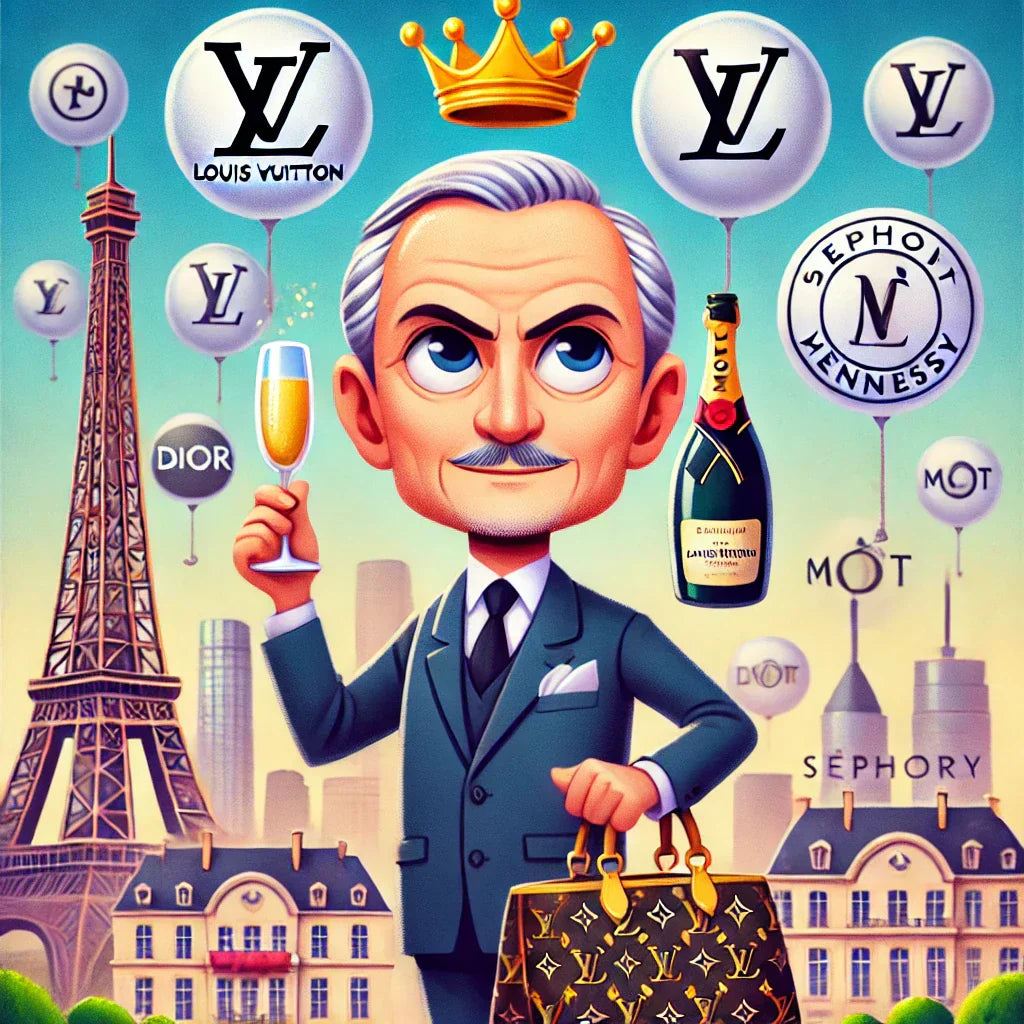 Cartoon Bernard Arnault with Louis Vuitton bag and champagne, surrounded by LVMH brand logos, celebrating the luxury empire’s power.