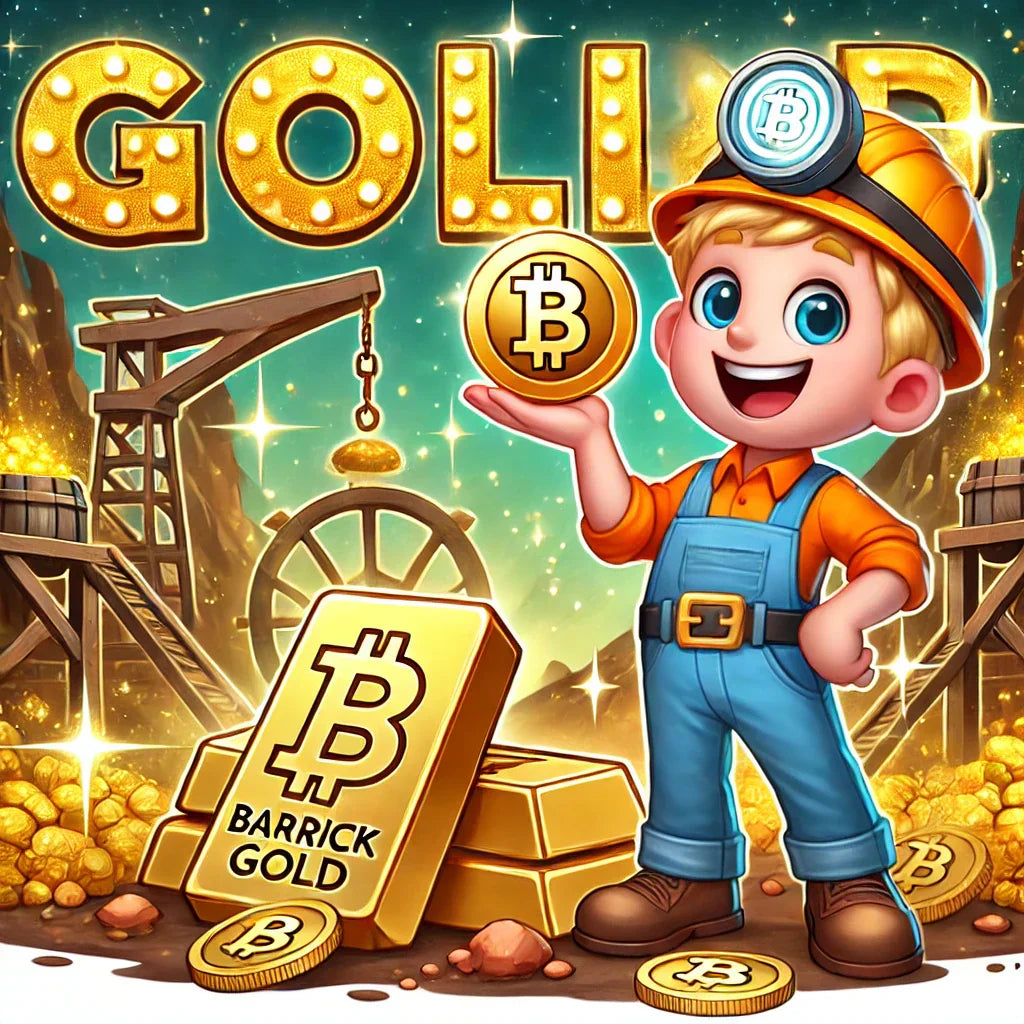 Cartoon of a gold miner holding a gold nugget and Bitcoin, with Barrick Gold’s logo floating above and sparkling mine shaft in the background, symbolizing gold investment.