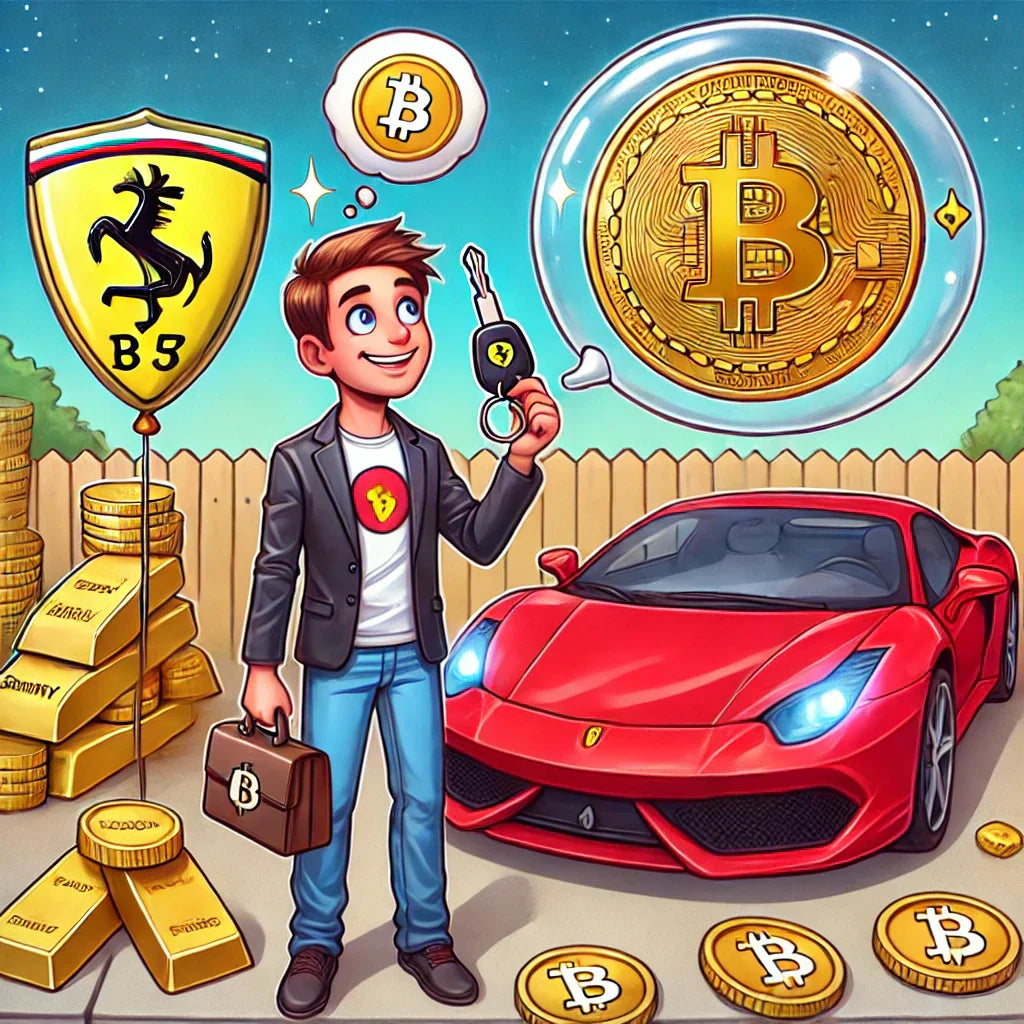 Cartoon of a person holding a Ferrari key while standing next to a red race car, holding a gold bar with a Bitcoin symbol above, and an inflated ego bubble floating above them, symbolizing ego-driven spending.