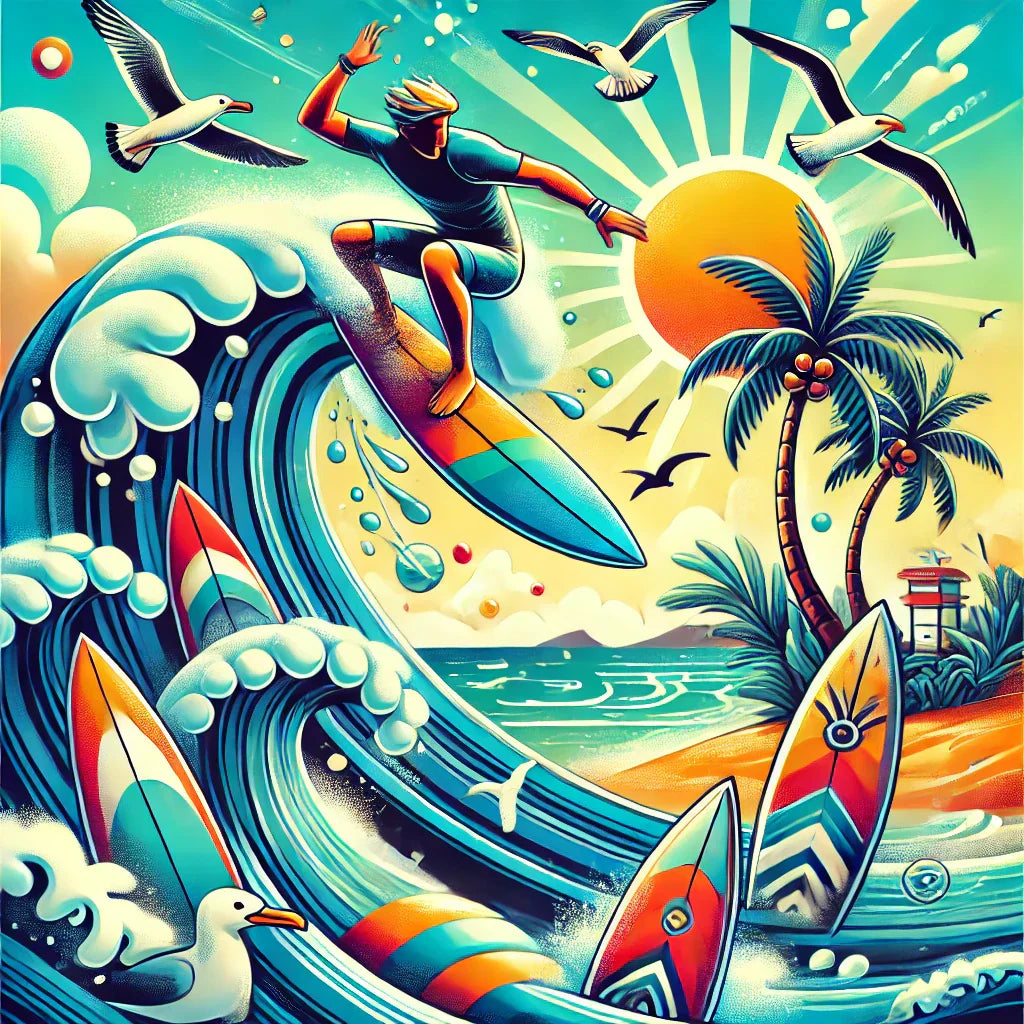 A lively and colorful illustration of surfers riding massive waves, with tropical beaches, bright blue skies, and energetic surfers. The scene conveys the thrill and adventure of surfing, evoking the passion and excitement of the sport.