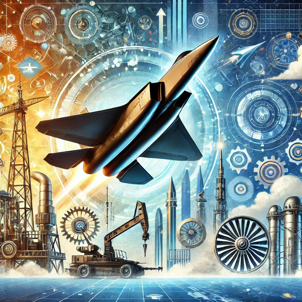 A dynamic illustration of a futuristic fighter jet soaring through the sky with the Lockheed Martin logo and high-tech aerospace elements, symbolizing the company's innovation, leadership, and global presence in defense and aerospace technology.