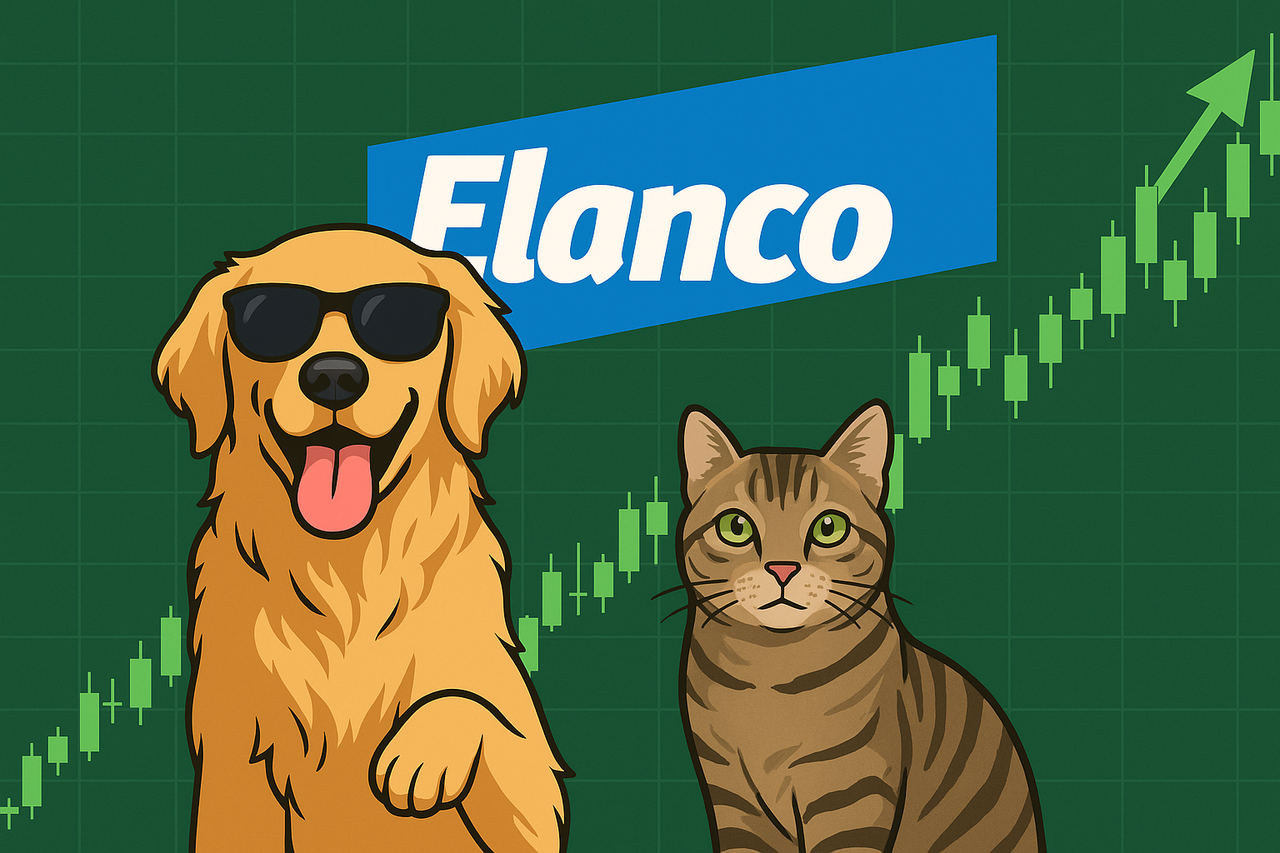Golden retriever and tabby cat posing on a stock chart with green candles and Elanco logo in background — symbolizing the rising animal-health market.
