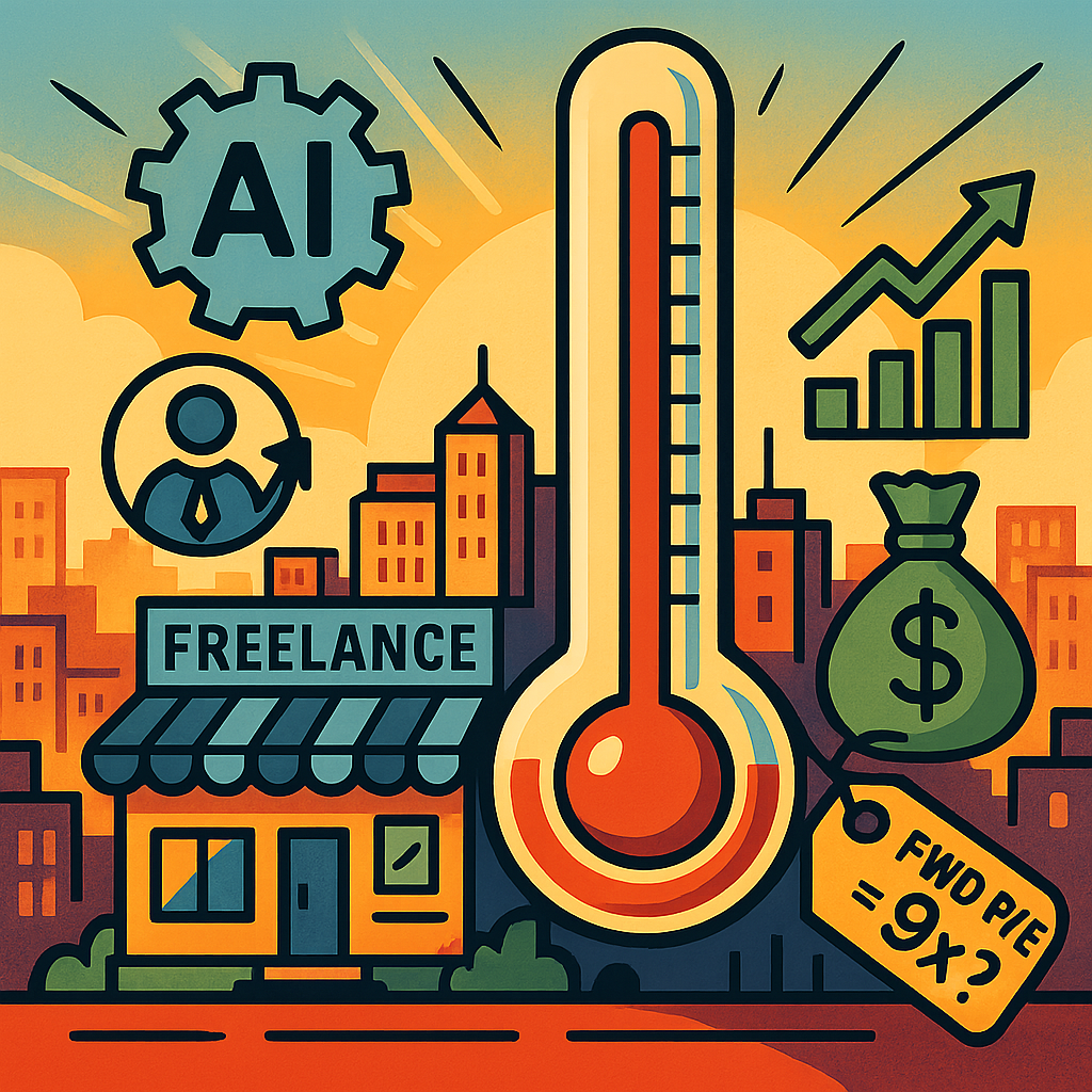 Thermometer rising over a freelance marketplace with AI and services icons—signaling cost cuts, profitability, and potential re-rating.