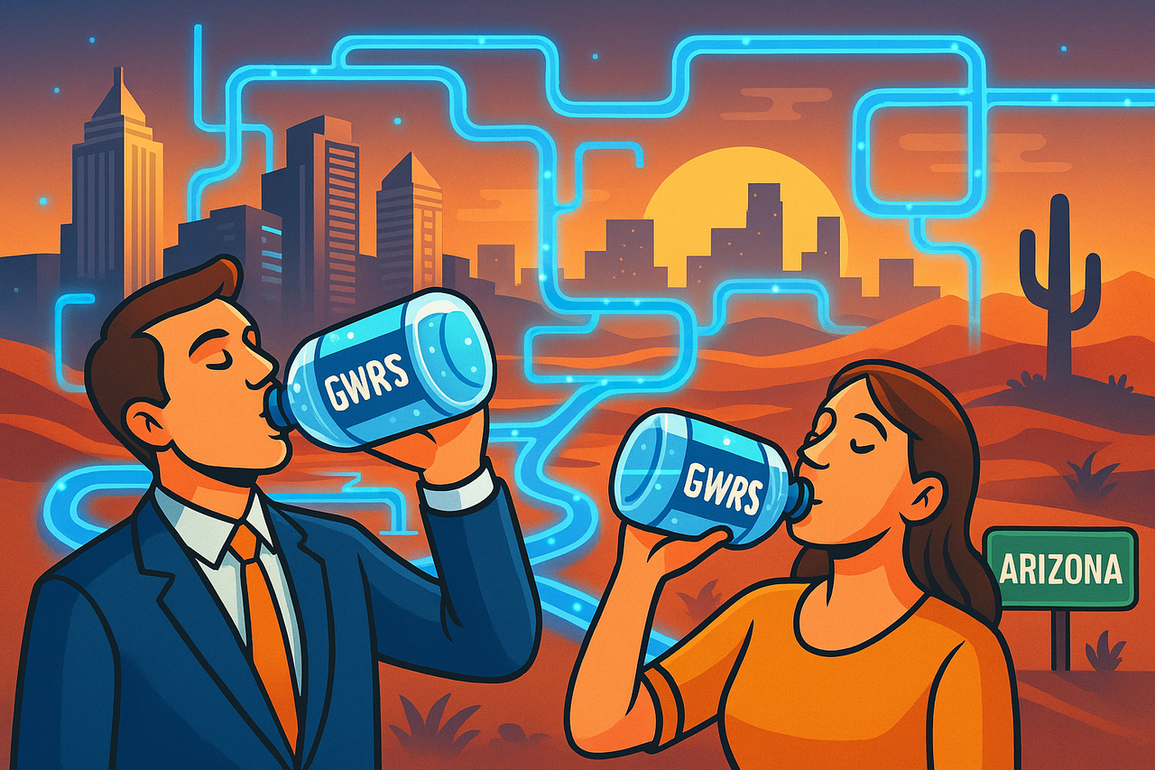 Digital illustration of a futuristic desert city with glowing blue water pipelines and investors sipping from oversized water bottles labeled “GWRS” — symbolizing insider buying and growth in Arizona’s water industry.