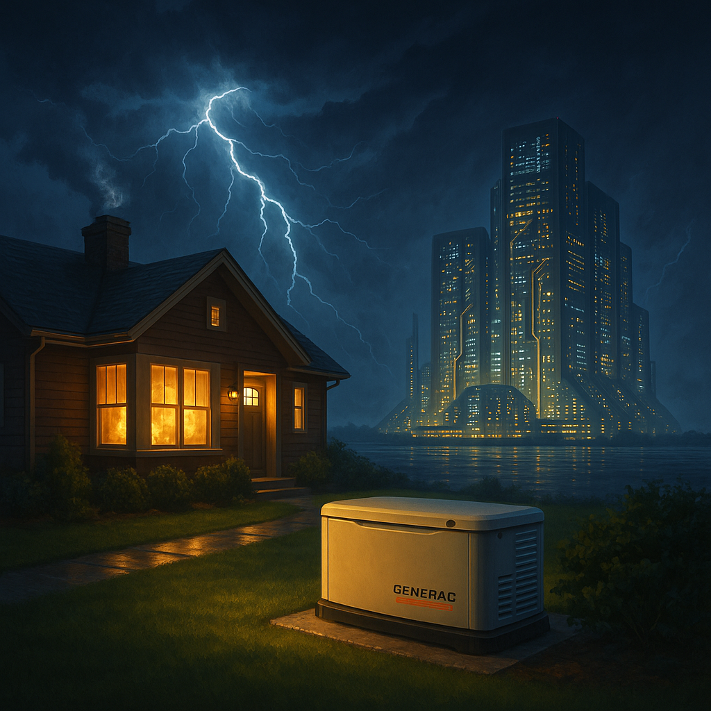 Home glowing during a storm with a Generac standby generator; futuristic data center on the horizon—symbolizing reliable power, AI growth, and investor confidence in GNRC.