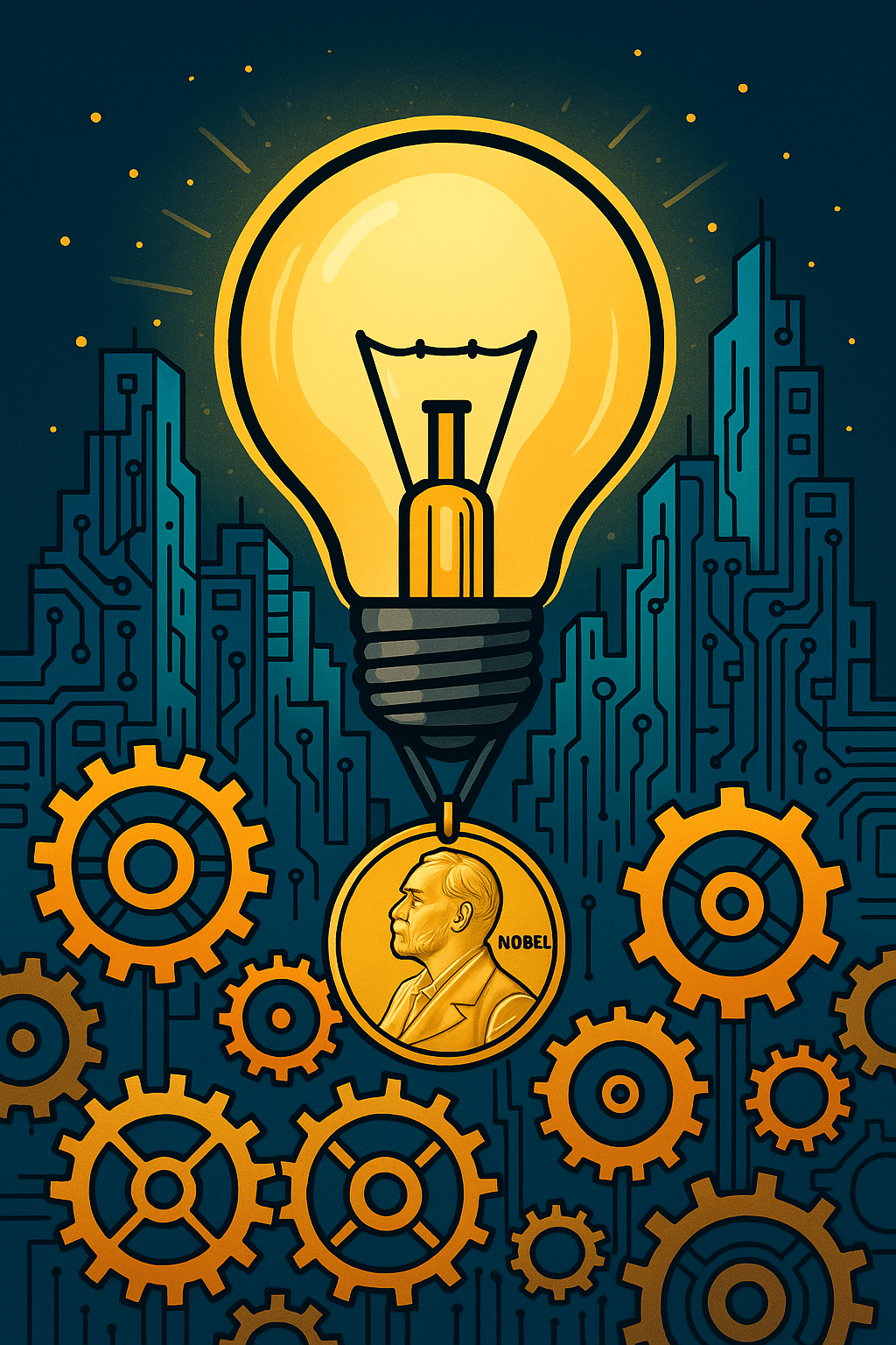 Lightbulb with Nobel Prize medal illuminating a futuristic city of gears and circuit boards — symbolizing innovation, free markets, and creative destruction.