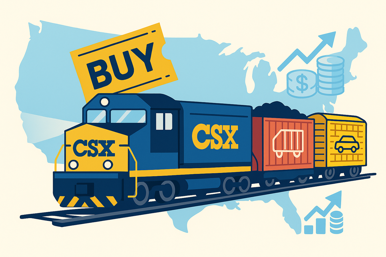 CSX locomotive hauling mixed freight across a U.S. map with a “BUY” ticket in the cab—signaling CEO purchase, intermodal growth, and steady cash compounding.