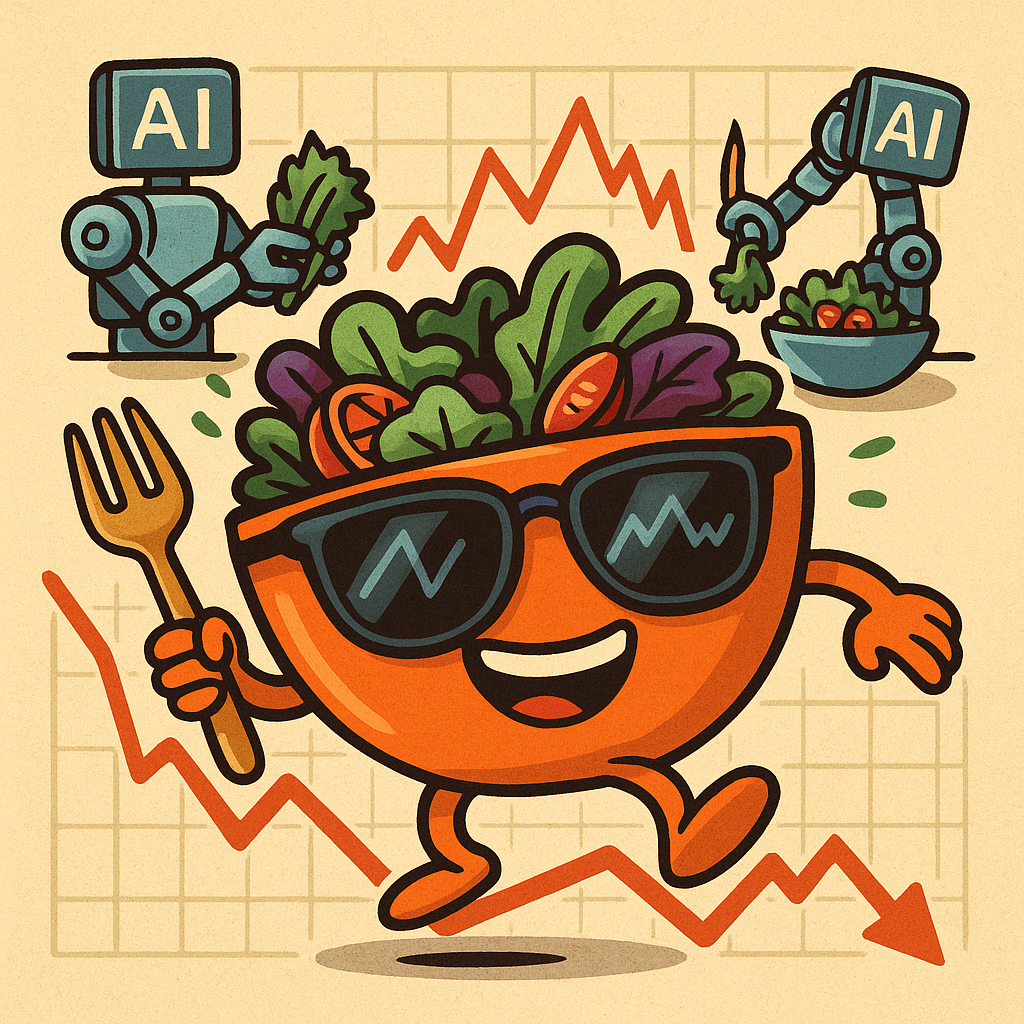 Colorful digital illustration of a Sweetgreen salad bowl wearing sunglasses, balancing on a falling stock chart, with robots chopping lettuce in the background—symbolizing the Infinite Kitchen, insider buys, and the wild ride of SG stock.