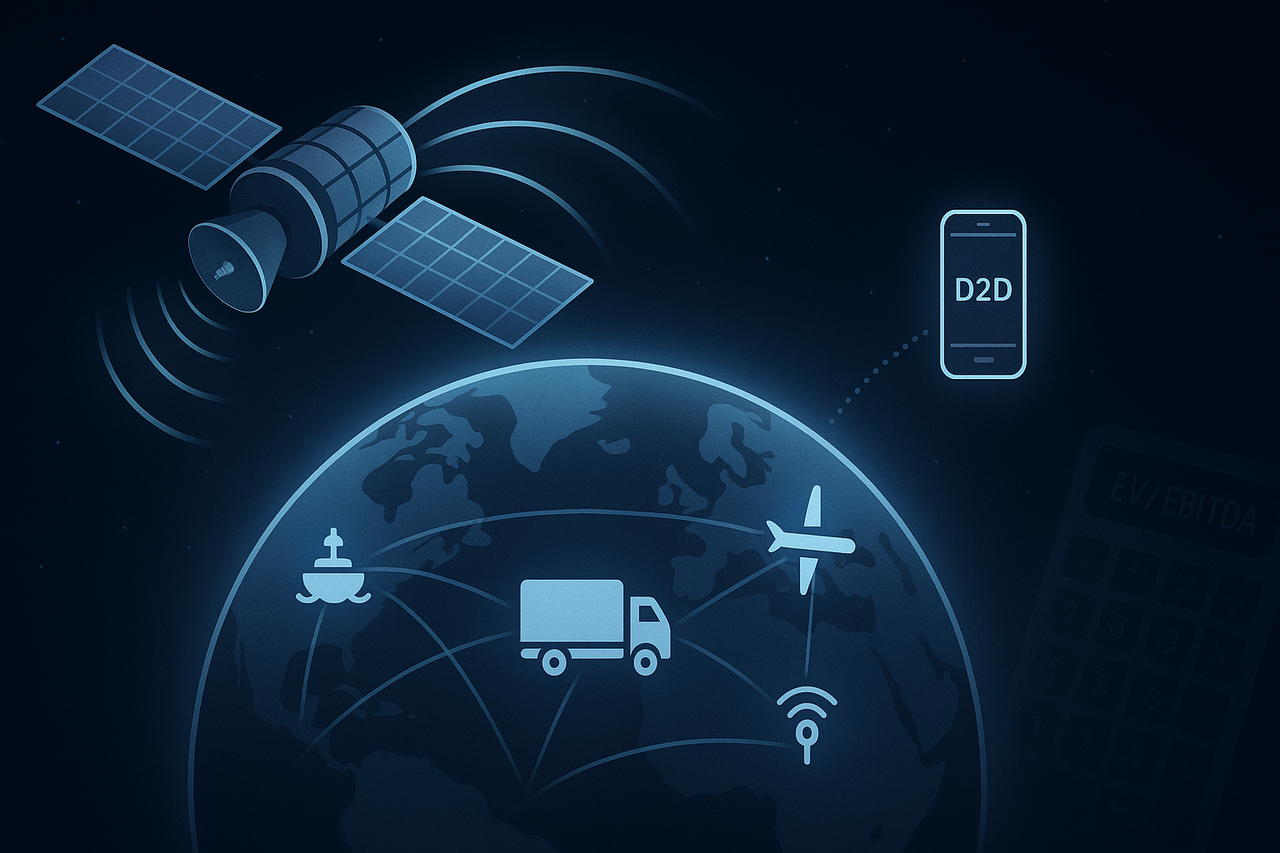 Iridium-style LEO satellite beaming coverage to the whole globe with IoT and phone icons—signaling global reach, D2D potential, and investor focus on valuation.