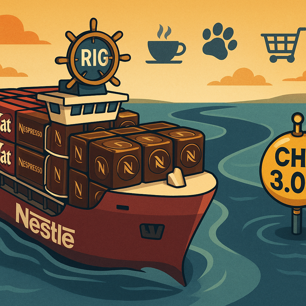 Nestlé cargo ship of KitKat bars and Nespresso pods steering toward “RIG” with a CHF 3.0B savings buoy—signaling a faster, efficiency-led turnaround.