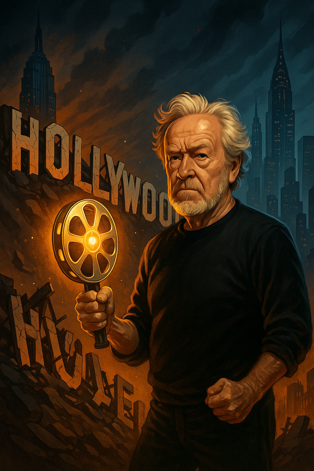 Ridley Scott holding a glowing film reel amid a crumbling Hollywood sign while New York skyscrapers rise behind him â symbolizing cinemaâs creative rebirth and the idea of âNYwood.â đĽđ