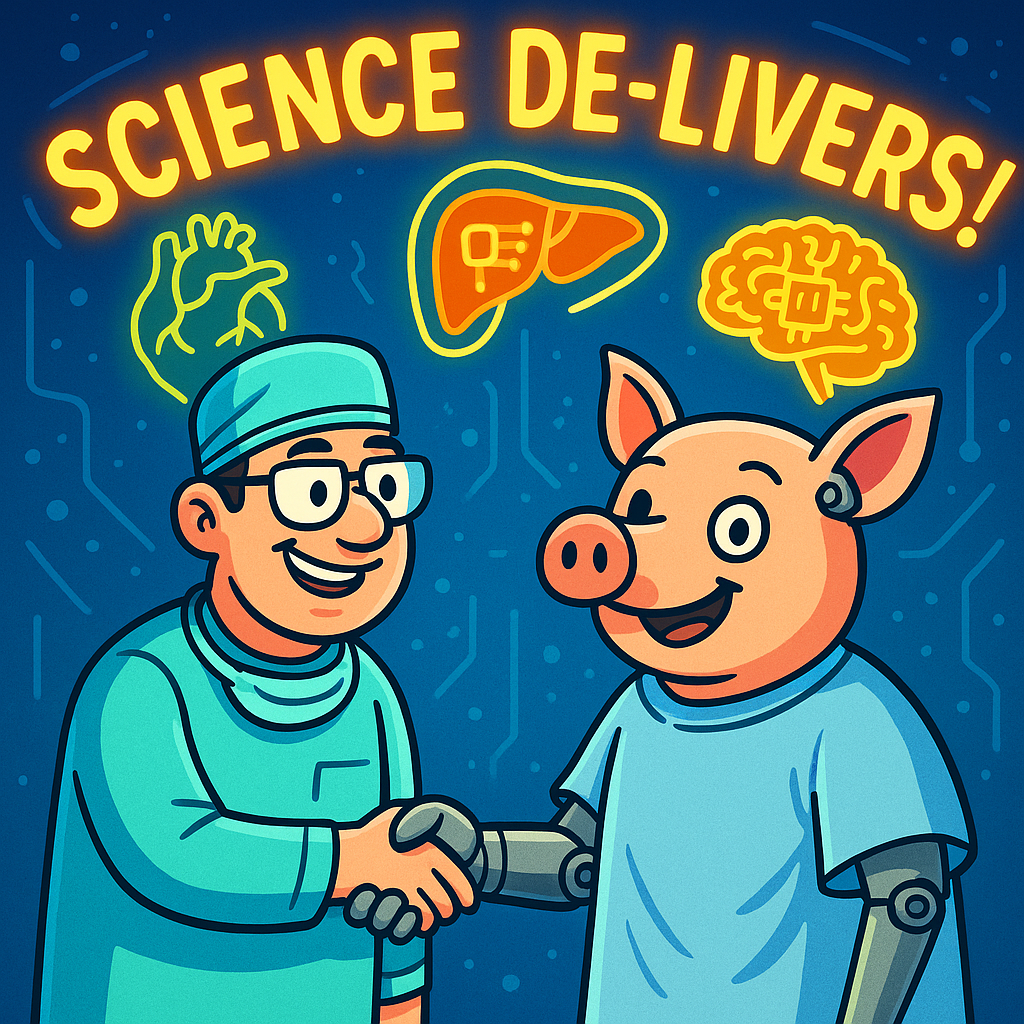A colorful cartoon illustration of a futuristic surgeon shaking hands with a robot-pig hybrid under a glowing āScience De-Livers!ā sign, symbolizing xenotransplantation, AI-human fusion, and transhumanism with humor.