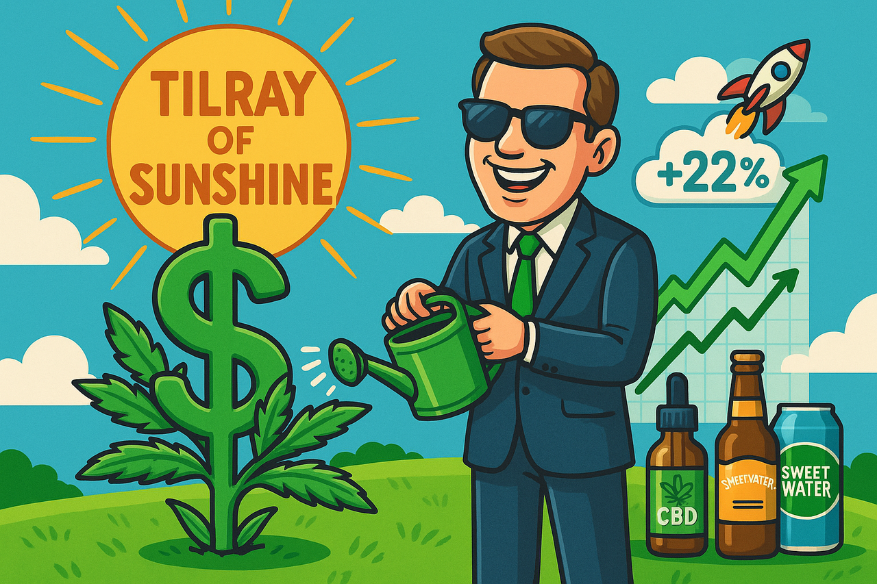 A bright digital cartoon showing a confident CEO watering a cannabis plant shaped like a dollar sign under a radiant sun labeled “Tilray of Sunshine.” Stock charts, beer bottles, and green arrows in the background symbolize growth and profitability.