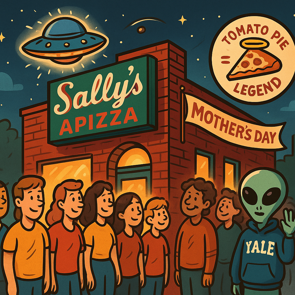 Cartoon illustration of Sally’s Apizza in New Haven with a line of customers, glowing pizza sign, and playful space-themed elements hinting at its galactic reputation.