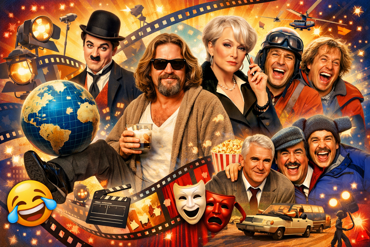 Colorful collage of iconic comedy movie archetypes including a silent-era performer, a laid-back slacker, a fashion editor, and chaotic road trip characters, symbolizing the evolution of humor across classic and modern films.