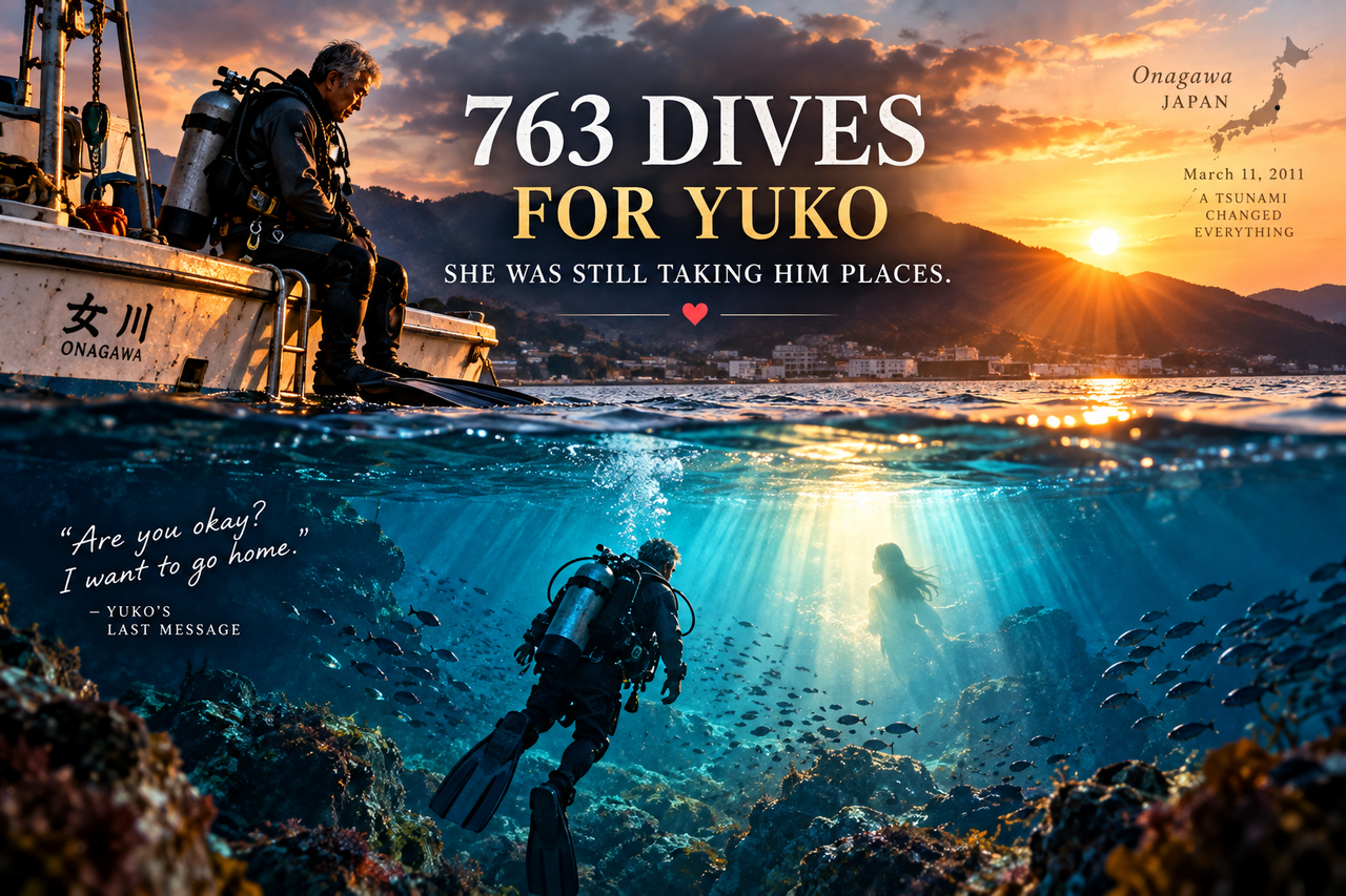 Yasuo Takamatsu dives off Onagawa, Japan, symbolizing more than 760 searches for his wife Yuko after the 2011 tsunami.