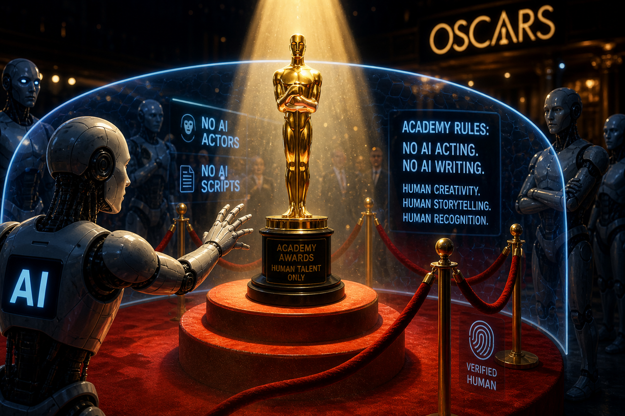 Oscar statuette under a spotlight with AI robot figures outside the light unable to reach it, symbolizing the Academy Awards banning artificial intelligence from acting and screenwriting categories.