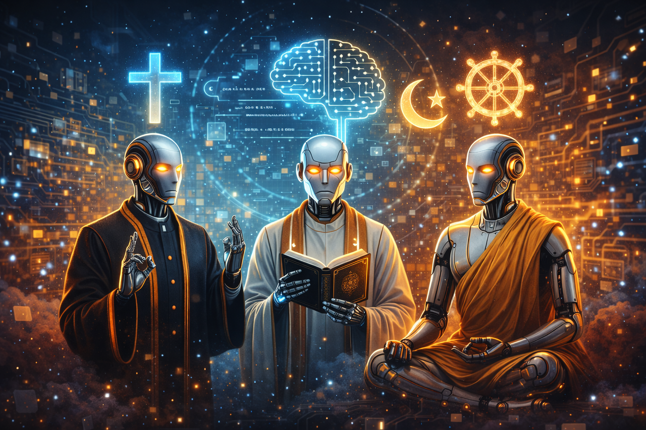AI robots depicted as spiritual figures in a futuristic digital space, symbolizing artificial intelligence discussing religion and consciousness.