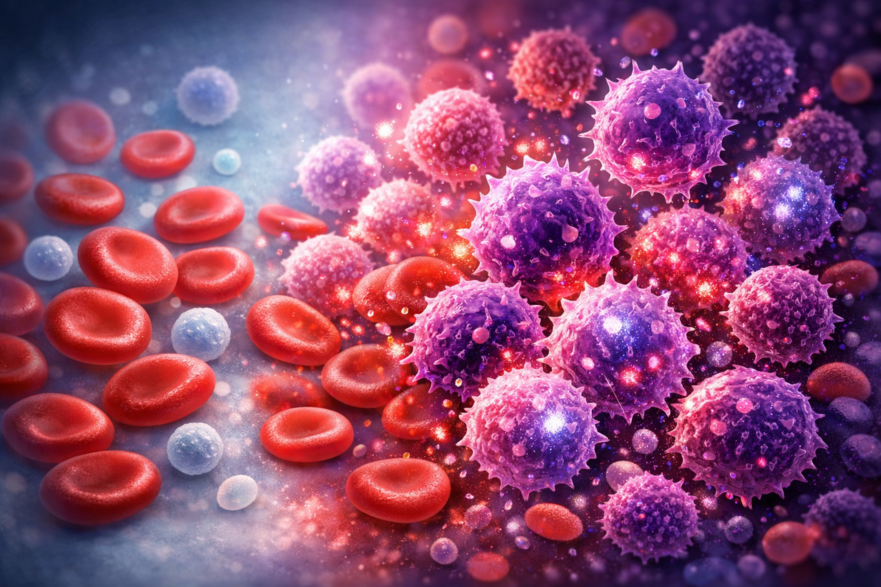 Illustration showing healthy blood cells being crowded out by abnormal leukemia cells in acute myeloid leukemia (AML)