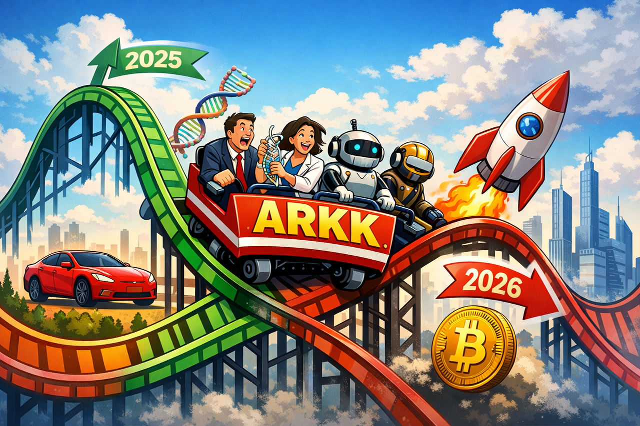 Illustration of a roller coaster shaped like a stock chart labeled “ARKK,” with symbols of AI, biotech, Tesla, and crypto, representing the volatility and comeback of Cathie Wood’s innovation fund.