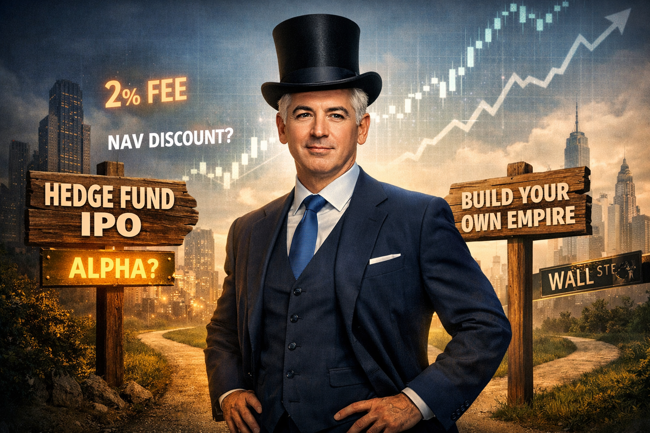 Bill Ackman in a top hat standing at a financial crossroads, one path labeled “Hedge Fund IPO” and the other “DIY Investing,” with a subtle stock chart rising in the background and “NAV Discount?” and “2% Fee” warning tags floating in the air
