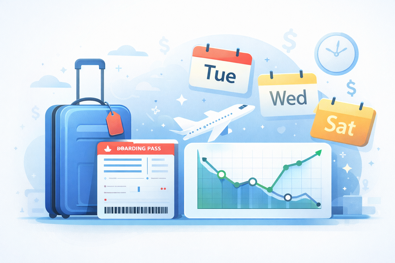 Illustration of a suitcase and flight price chart, representing smart timing and flexibility when booking cheaper flights.