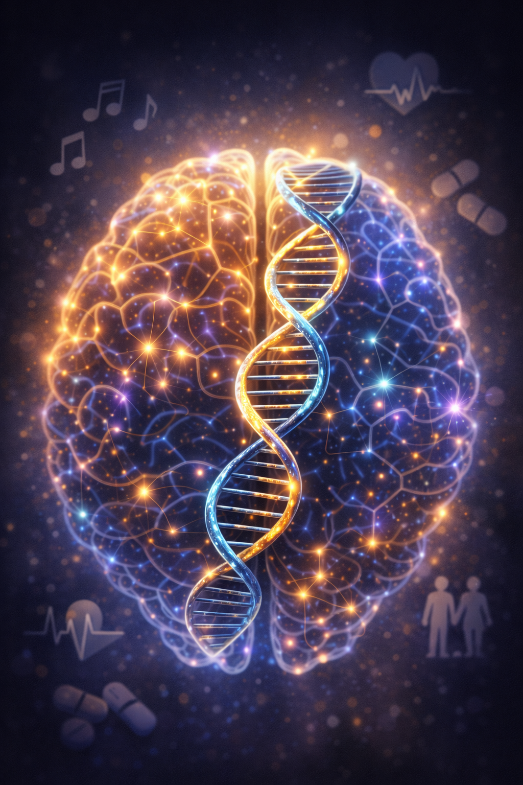 Illustration of a human brain with glowing neural connections and a DNA helix, symbolizing Alzheimer’s research, genetics, and emerging treatment options.